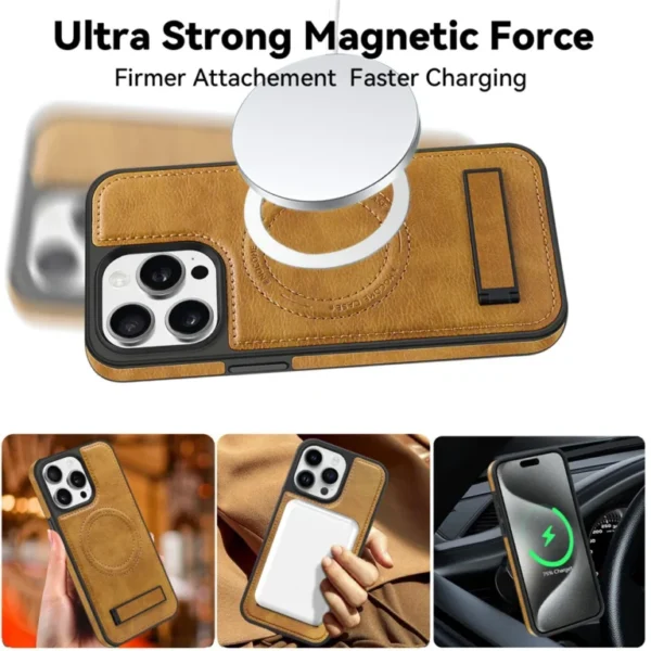 Luxury Premium PU Leather Invisible Stand Magnetic Wireless Charging Case Cover For iphone 14/15 Pro Max - Image 2