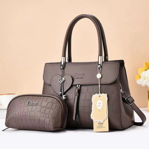 Elegant 2-in-1 Croc-Embossed Leather Handbag Set with Matching Cosmetic Pouch - Image 2