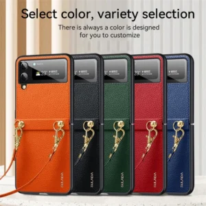 SULADA Litchi Texture Leather + TPU Phone Case with Strap Case Cover For Z Flip 3 and Z Flip 4