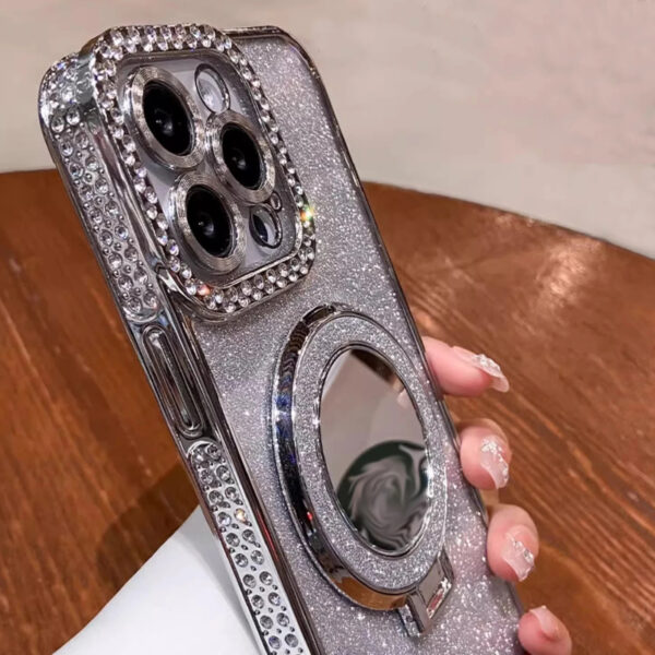 Luxury Premium Plating Flash Mirror Holder Stand Diamond Frame Case Cover For iPhone Series - Image 8