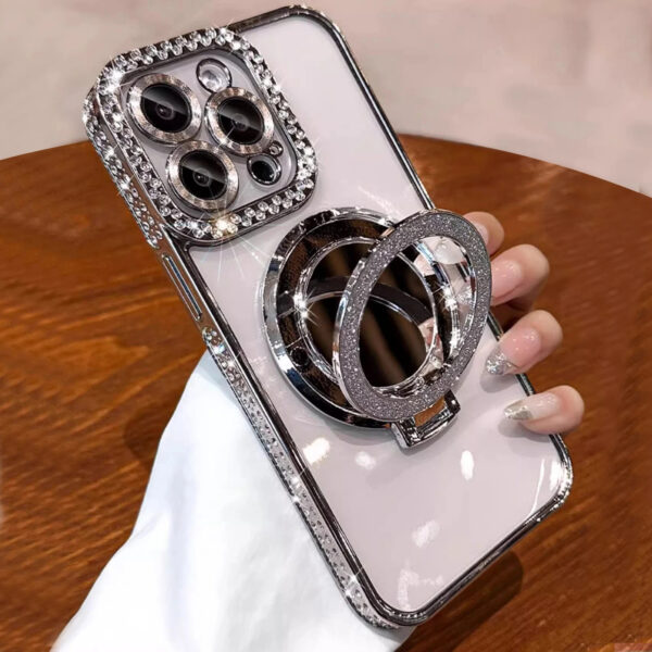 Luxury Premium Plating Flash Mirror Holder Stand Diamond Frame Case Cover For iPhone Series - Image 4