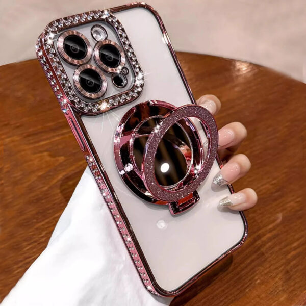Luxury Premium Plating Flash Mirror Holder Stand Diamond Frame Case Cover For iPhone Series - Image 3