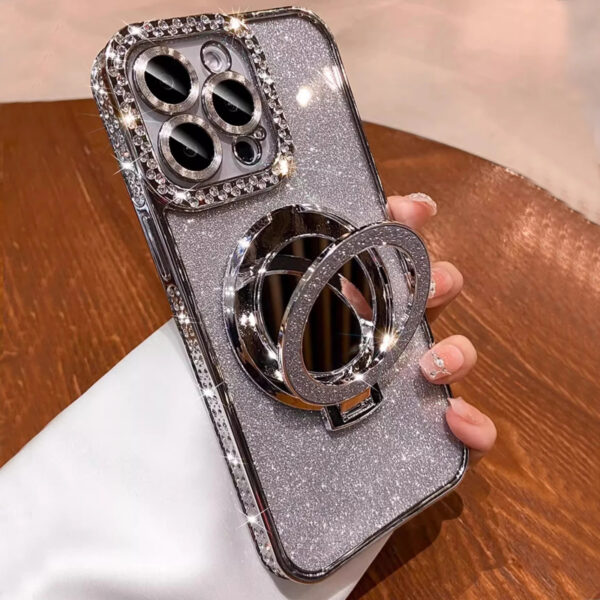 Luxury Premium Plating Flash Mirror Holder Stand Diamond Frame Case Cover For iPhone Series - Image 6