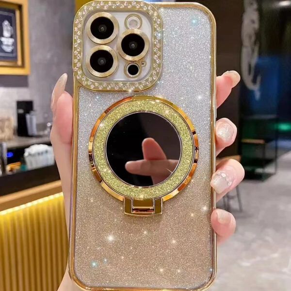 Luxury Premium Plating Flash Mirror Holder Stand Diamond Frame Case Cover For iPhone Series - Image 10