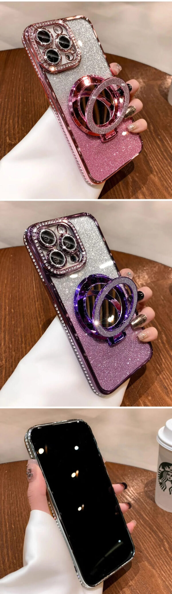 Luxury Premium Plating Flash Mirror Holder Stand Diamond Frame Case Cover For iPhone Series - Image 22