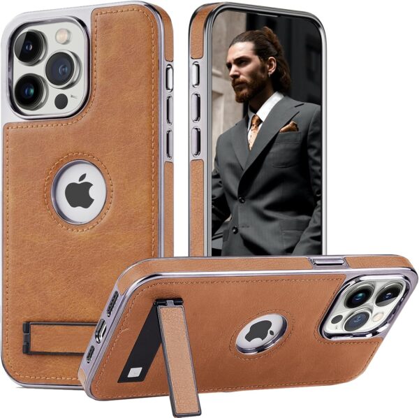 Retro Luxury Business Kickstand PU Leather Electroplated Edges Military-Grade Drop Protection Slim Cover for iPhone Series - Image 13